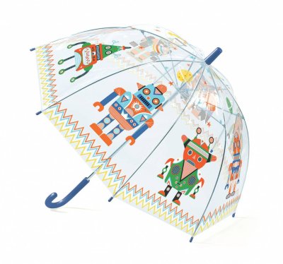 Зонтик «Роботы» Djeco Зонтик «Роботы» Djeco — красивый зонтик, на котором изображены необычные машины, готовые вместе с человеком покорять космос. Ваш малыш с удовольствием будет прятаться от дождя под ярким зонтиком.